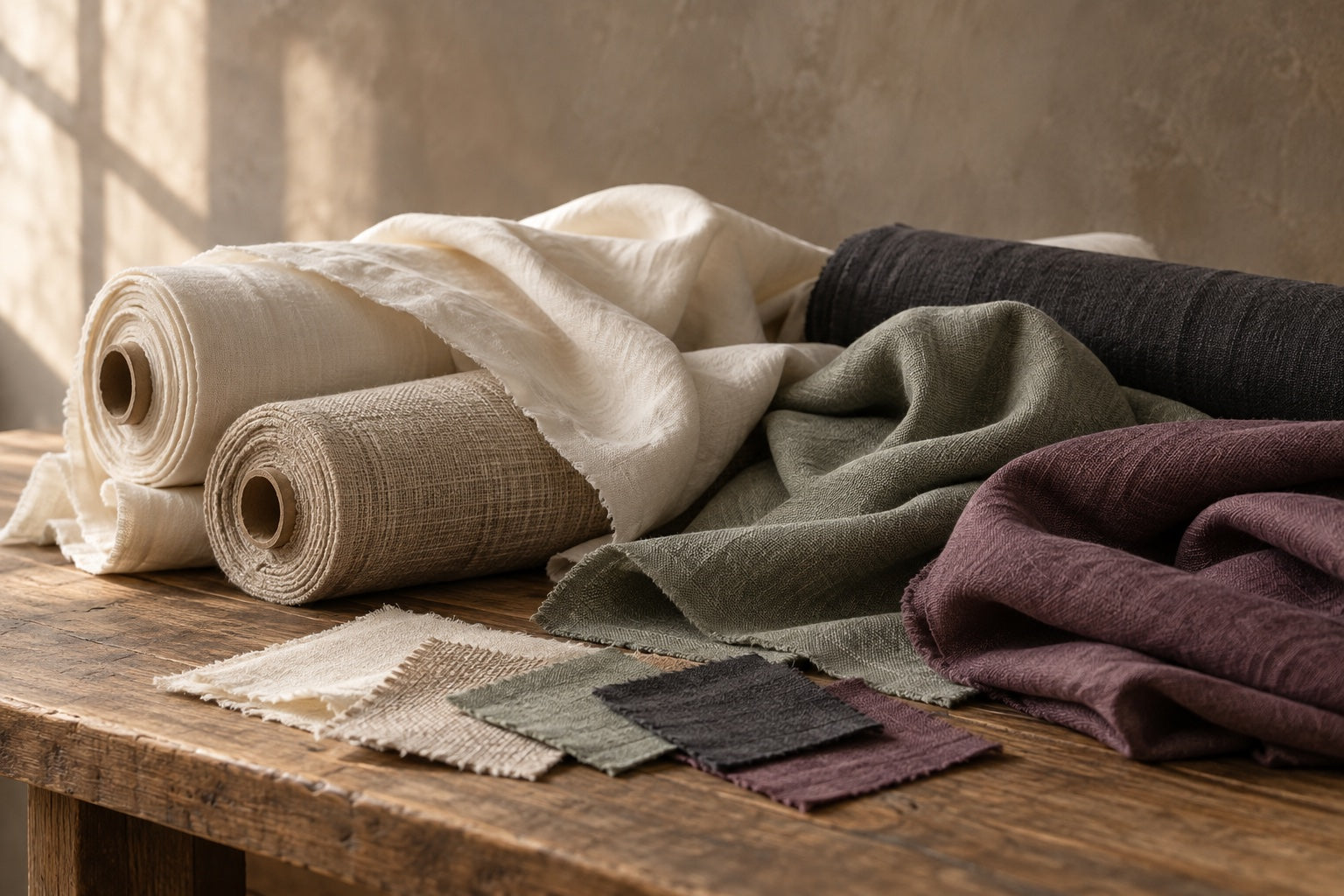 Editorial fabric rolls and swatches in ivory, sage, charcoal, and muted plum