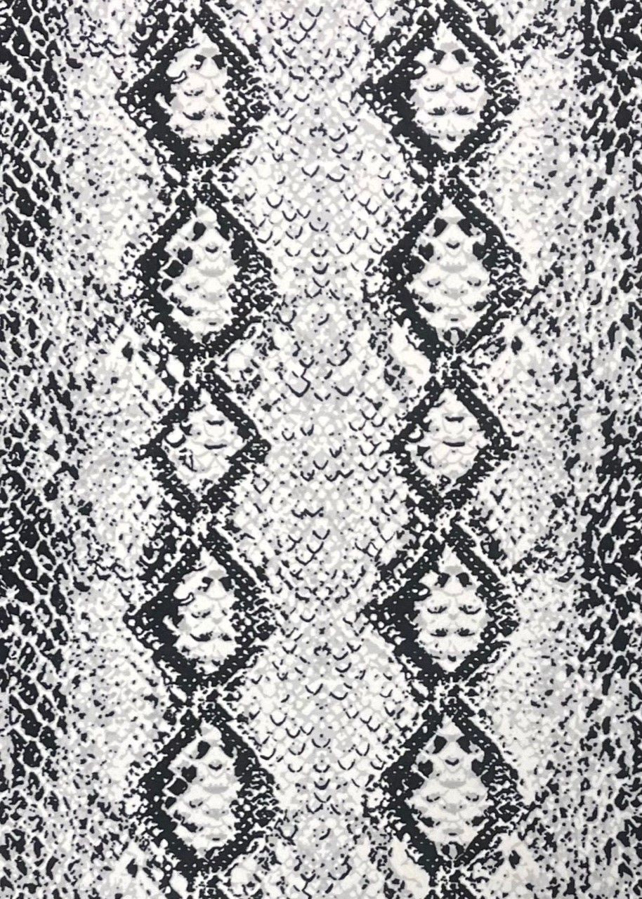 PRINTED DTY BRUSHED PYTHON 95% POLYESTER/5% SPANDEX4-SILVER/BLACK329BPRT-SNAKE - Elegant Textiles