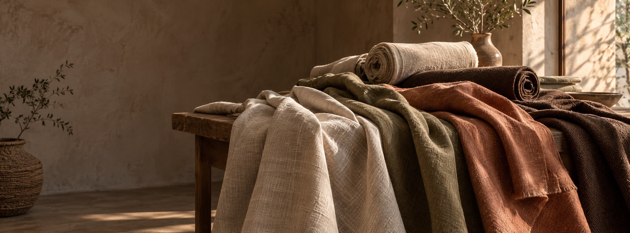 Editorial still life of draped fabrics in warm earth tones