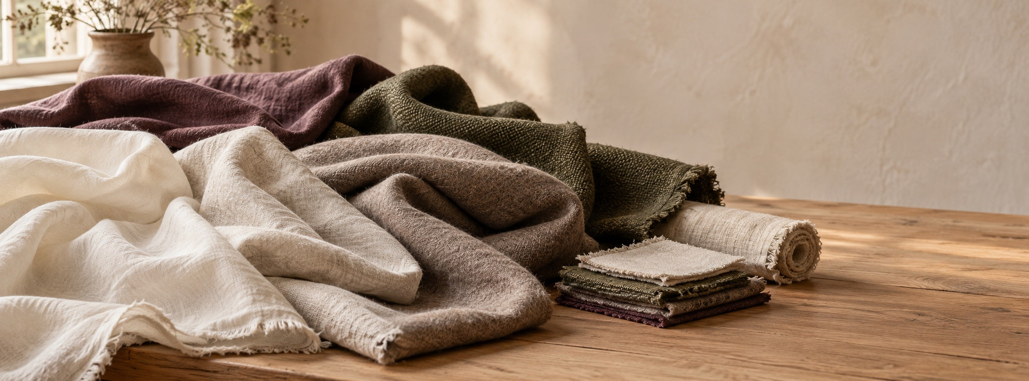 Editorial study of ivory, taupe, olive, and muted plum fabrics