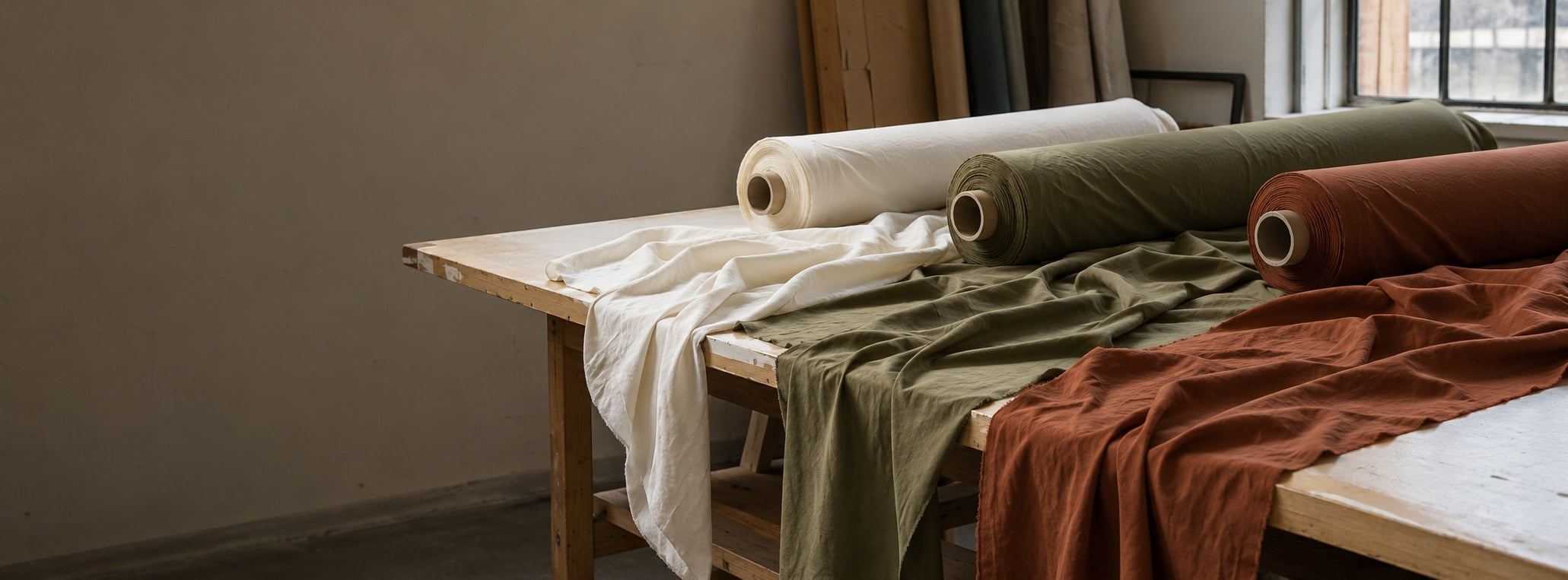 Apparel fabric bolts and softly draped yardage in ivory, olive, and rust