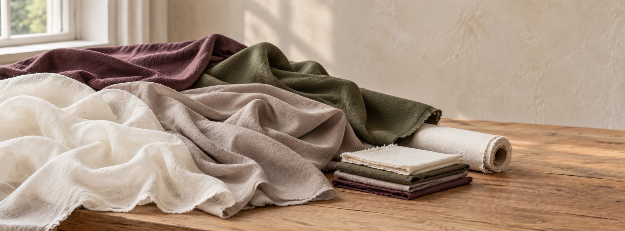 Editorial study of ivory, taupe, olive, and muted plum fabrics